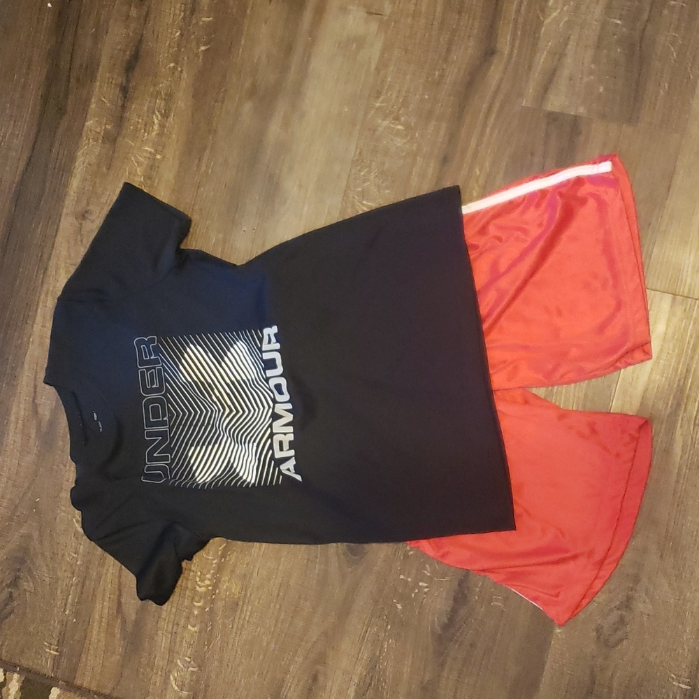 Bundle of medium size 1 black shirt and 1  red shorts. Both under Armour
